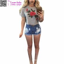 Women Casual Rose Floral Print Short Sleeve Crop Tops 573-1